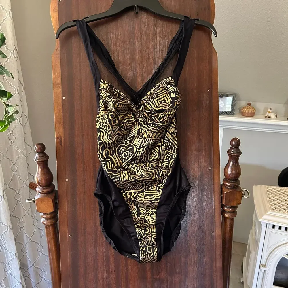 Vintage 90's Athena Black and Gold Patterned One Piece Swimsuit Size 10